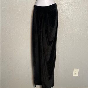JLUXLABEL Black Pleated Velvety Sparkling Maxi Pencil Skirt with Long Slit